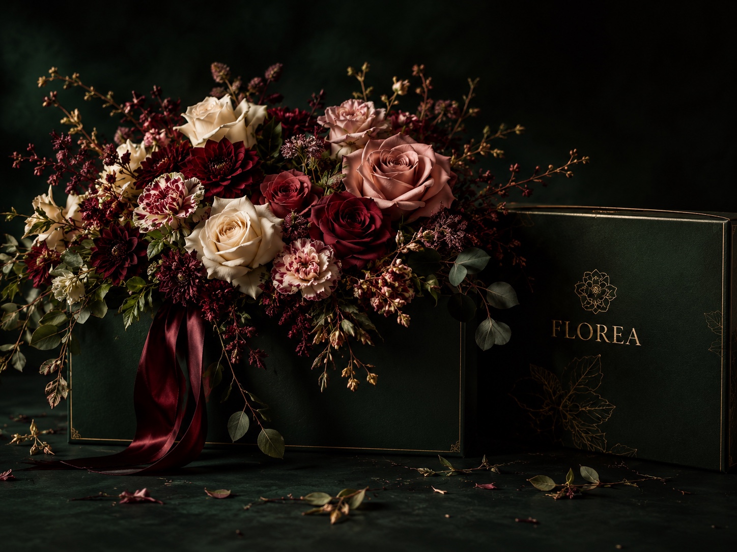 Букет и фирменные коробки Florea